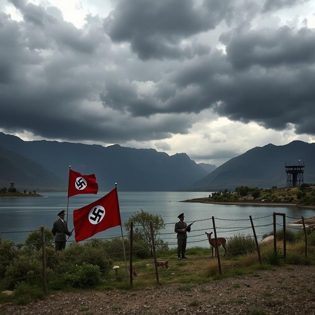 A haunting landscape of Kio Lake in Khorramabad, depicted under the rule of Nazi Germany