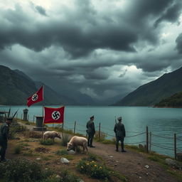 A haunting landscape of Kio Lake in Khorramabad, depicted under the rule of Nazi Germany