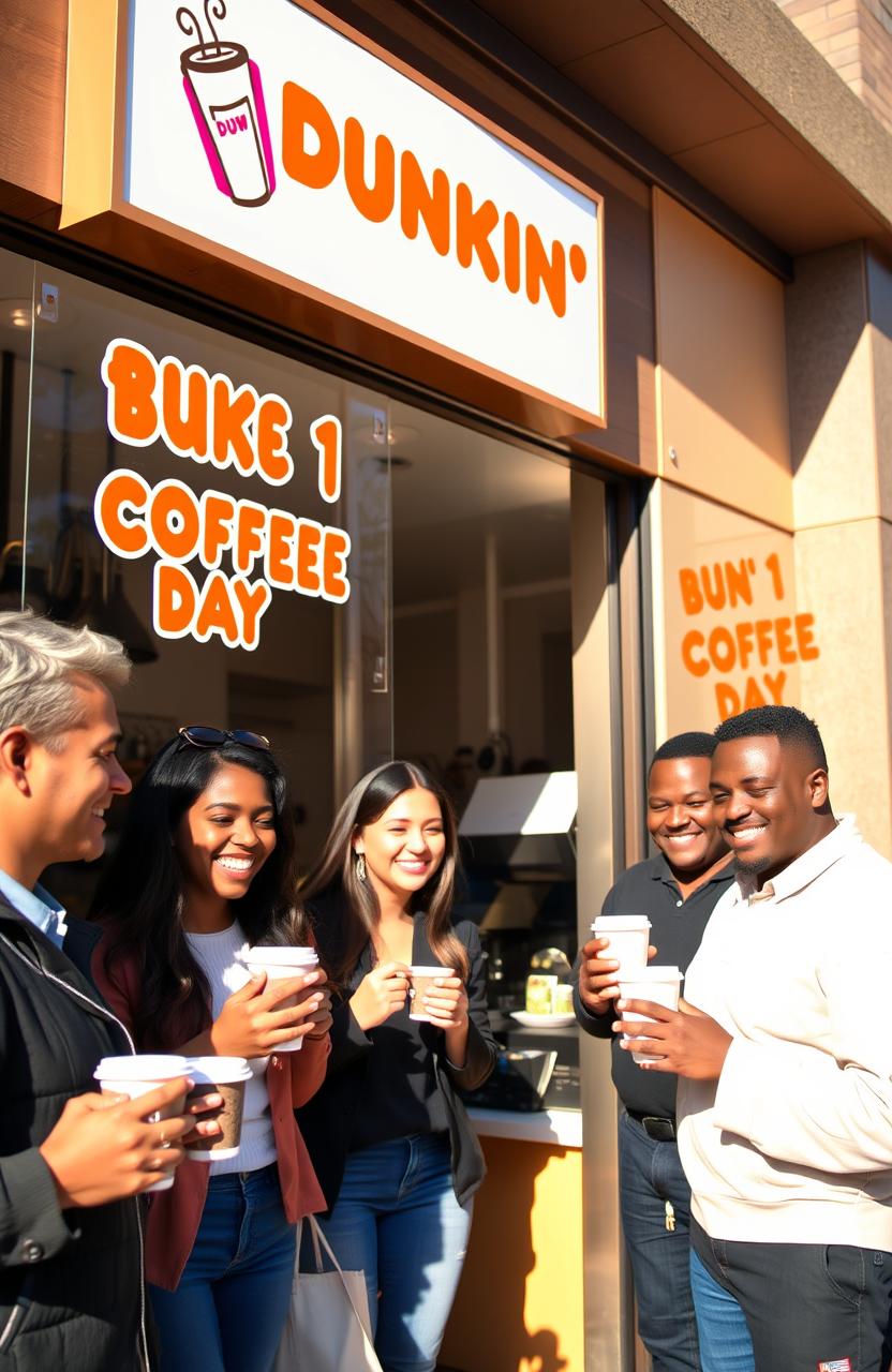 A bright and inviting Dunkin' coffee shop exterior featuring a sunny day with people enjoying their coffee outside