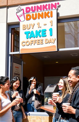 A bright and inviting Dunkin' coffee shop exterior featuring a sunny day with people enjoying their coffee outside