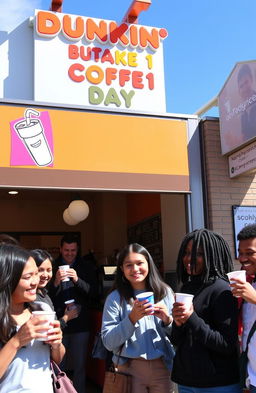 A bright and inviting Dunkin' coffee shop exterior featuring a sunny day with people enjoying their coffee outside