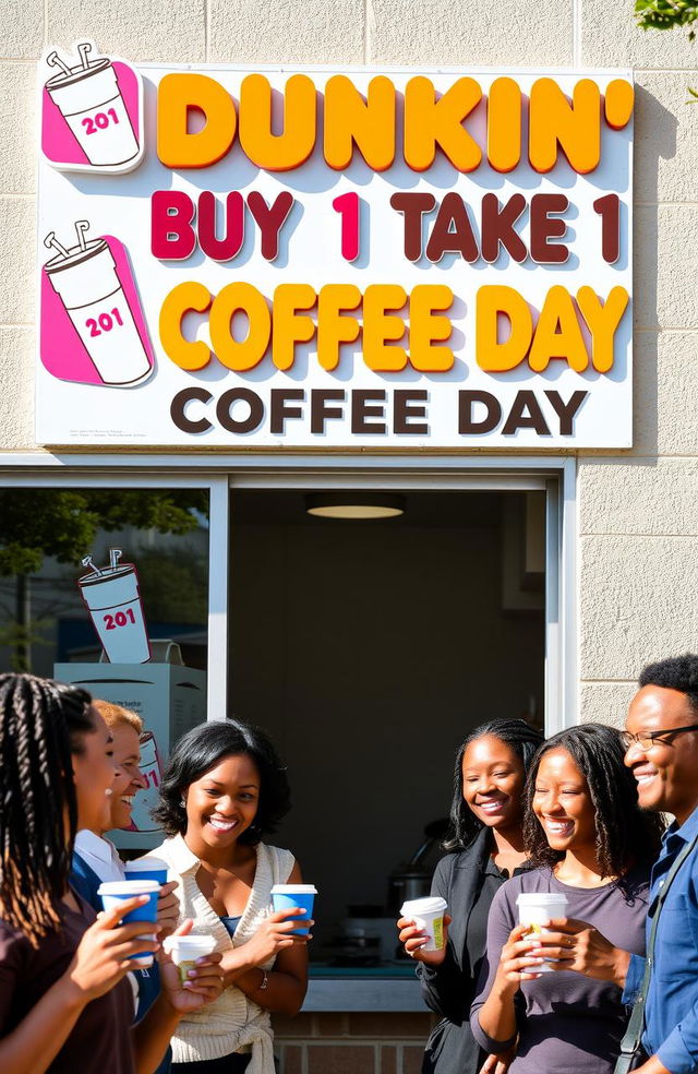 A bright and inviting Dunkin' coffee shop exterior featuring a sunny day with people enjoying their coffee outside