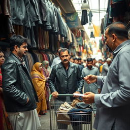 A bustling Pakistani market scene capturing a lively shop filled with various customers