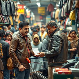 A bustling Pakistani market scene capturing a lively shop filled with various customers
