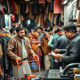 A bustling Pakistani market scene capturing a lively shop filled with various customers
