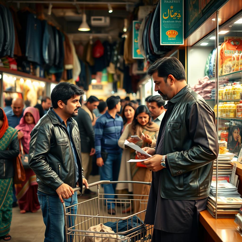 A bustling Pakistani market scene capturing a lively shop filled with various customers