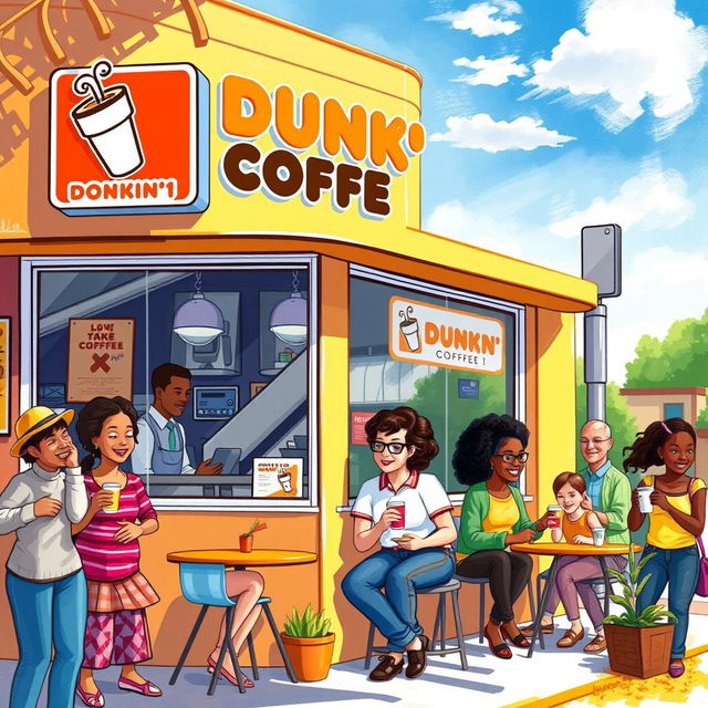 A beautifully illustrated painting of a lively Dunkin' coffee shop scene on a sunny day