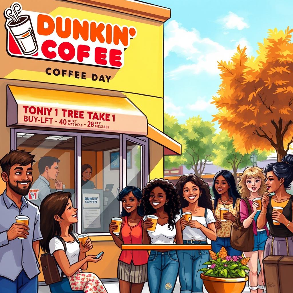 A beautifully illustrated painting of a lively Dunkin' coffee shop scene on a sunny day