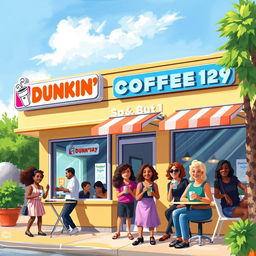 A beautifully illustrated painting of a lively Dunkin' coffee shop scene on a sunny day
