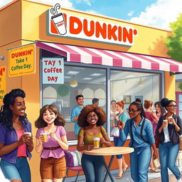 A beautifully illustrated painting of a lively Dunkin' coffee shop scene on a sunny day