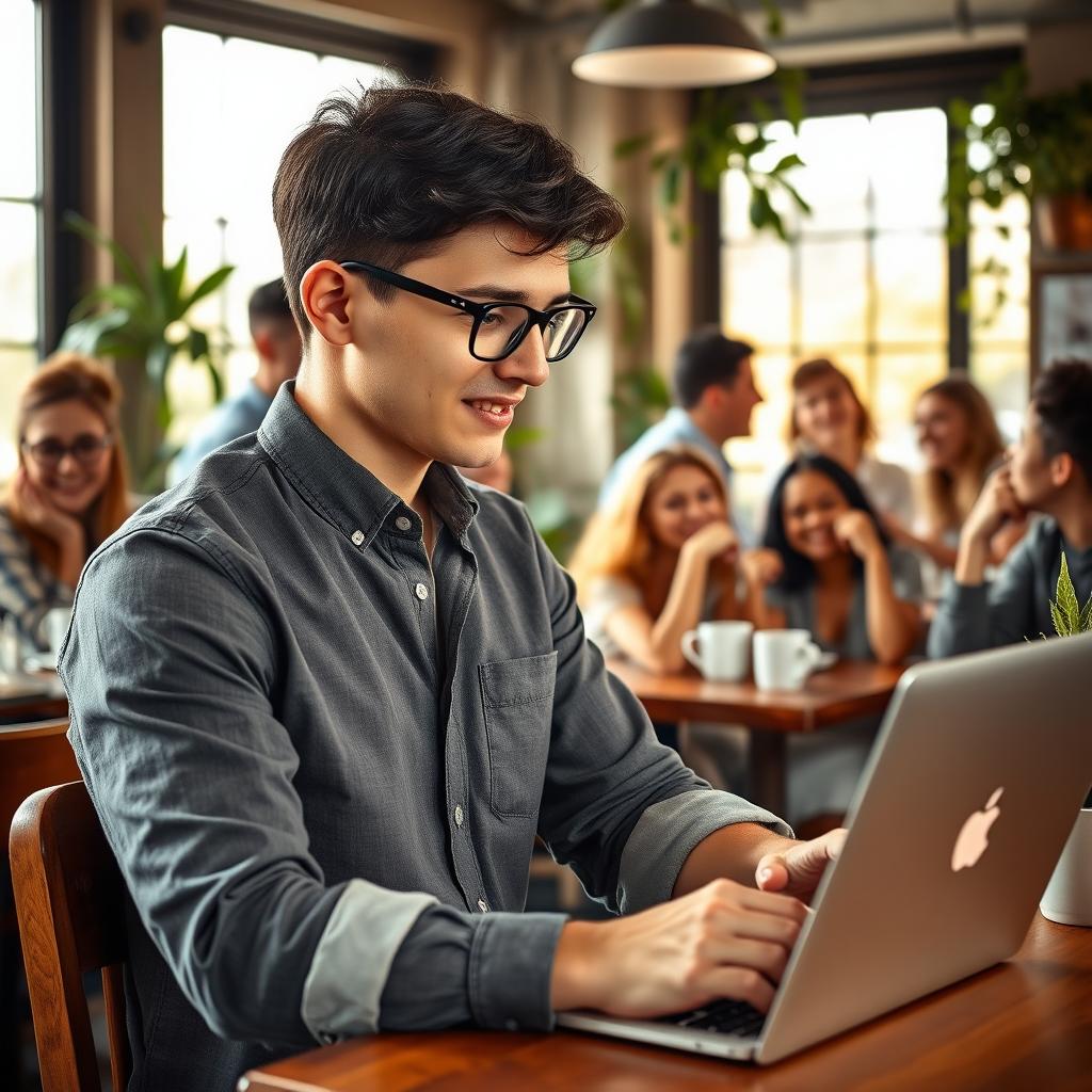 A vibrant scene depicting a group of diverse people engaged in lively conversation, smiling and gesturing with animated expressions in a cozy café setting