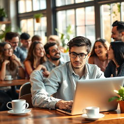 A vibrant scene depicting a group of diverse people engaged in lively conversation, smiling and gesturing with animated expressions in a cozy café setting