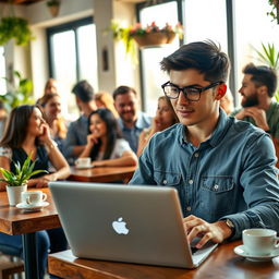 A vibrant scene depicting a group of diverse people engaged in lively conversation, smiling and gesturing with animated expressions in a cozy café setting