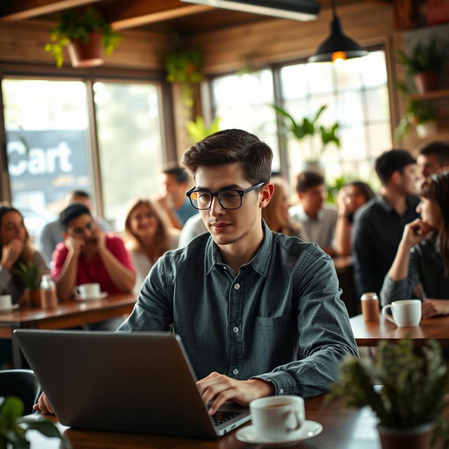 A vibrant scene depicting a group of diverse people engaged in lively conversation, smiling and gesturing with animated expressions in a cozy café setting