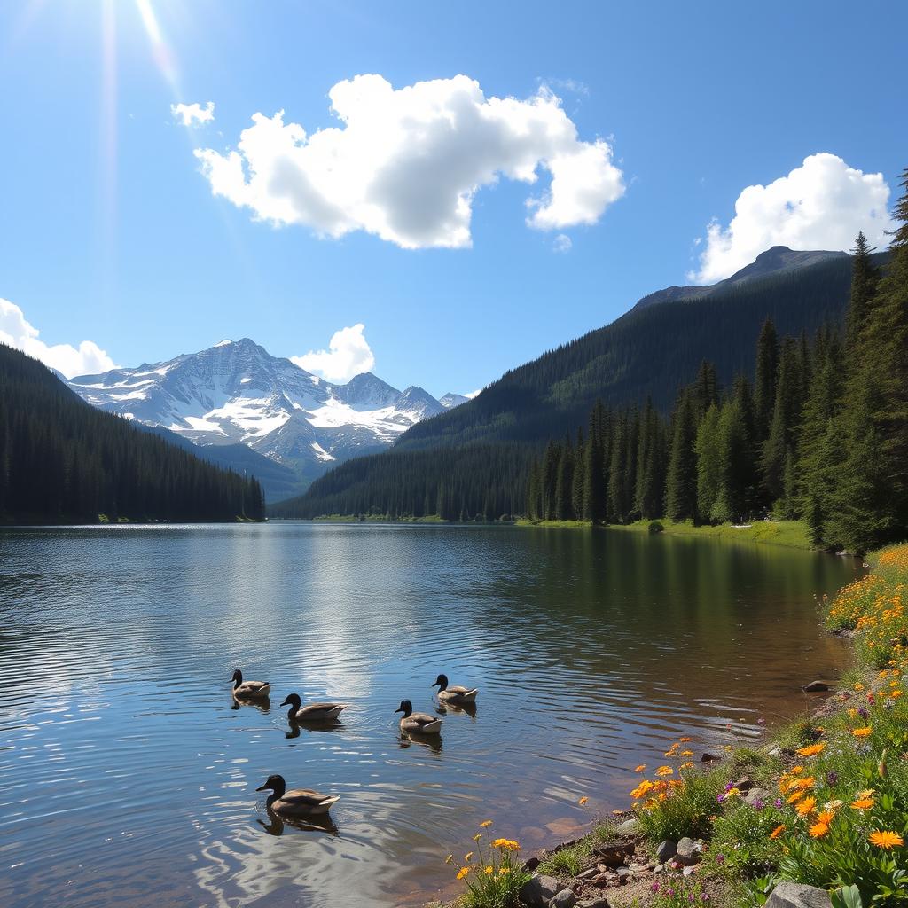 A serene landscape featuring a tranquil lake surrounded by dense evergreen forests and majestic snow-capped mountains in the background, under a clear blue sky with fluffy white clouds