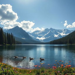 A serene landscape featuring a tranquil lake surrounded by dense evergreen forests and majestic snow-capped mountains in the background, under a clear blue sky with fluffy white clouds