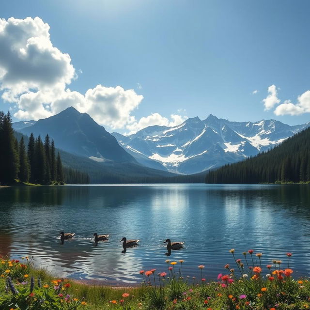 A serene landscape featuring a tranquil lake surrounded by dense evergreen forests and majestic snow-capped mountains in the background, under a clear blue sky with fluffy white clouds