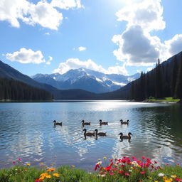 A serene landscape featuring a tranquil lake surrounded by dense evergreen forests and majestic snow-capped mountains in the background, under a clear blue sky with fluffy white clouds