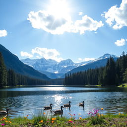 A serene landscape featuring a tranquil lake surrounded by dense evergreen forests and majestic snow-capped mountains in the background, under a clear blue sky with fluffy white clouds