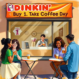 A charming painting of a cozy Dunkin' coffee shop scene during 'Buy 1, Take 1 Coffee Day