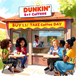 A charming painting of a cozy Dunkin' coffee shop scene during 'Buy 1, Take 1 Coffee Day