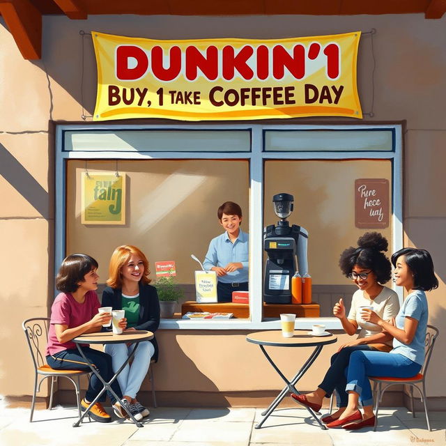 A charming painting of a cozy Dunkin' coffee shop scene during 'Buy 1, Take 1 Coffee Day