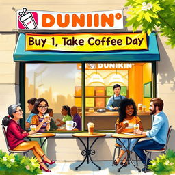 A charming painting of a cozy Dunkin' coffee shop scene during 'Buy 1, Take 1 Coffee Day