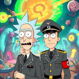 Rick Sanchez and Morty Smith from Rick and Morty, humorously dressed in Nazi uniforms reminiscent of World War II