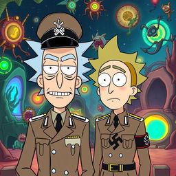 Rick Sanchez and Morty Smith from Rick and Morty, humorously dressed in Nazi uniforms reminiscent of World War II