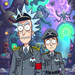 Rick Sanchez and Morty Smith from Rick and Morty, humorously dressed in Nazi uniforms reminiscent of World War II