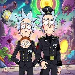 Rick Sanchez and Morty Smith from Rick and Morty, humorously dressed in Nazi uniforms reminiscent of World War II