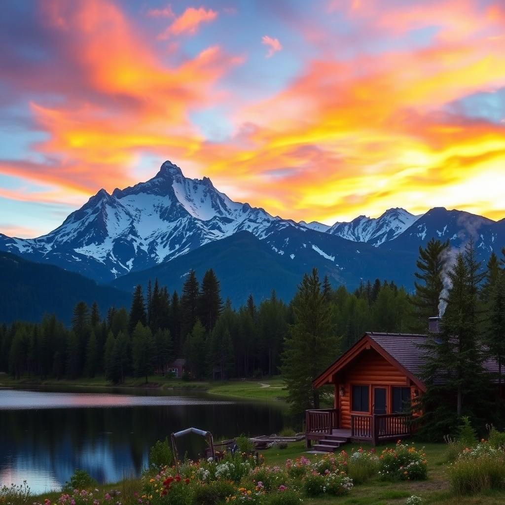 A serene mountain landscape at sunset, depicting majestic snow-capped peaks under a vibrant sky filled with colorful clouds