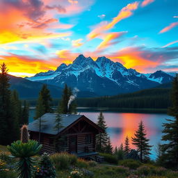 A serene mountain landscape at sunset, depicting majestic snow-capped peaks under a vibrant sky filled with colorful clouds