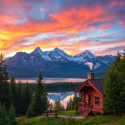A serene mountain landscape at sunset, depicting majestic snow-capped peaks under a vibrant sky filled with colorful clouds