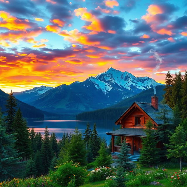 A serene mountain landscape at sunset, depicting majestic snow-capped peaks under a vibrant sky filled with colorful clouds