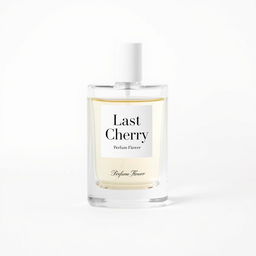 A simple glass perfume bottle on a white background, elegantly designed and filled with a clear liquid