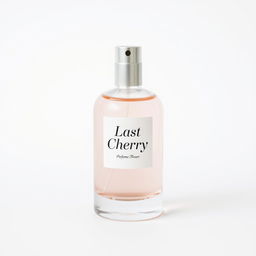 A simple glass perfume bottle on a white background, elegantly designed and filled with a clear liquid