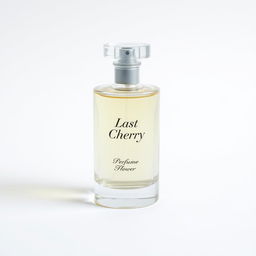 A simple glass perfume bottle on a white background, elegantly designed and filled with a clear liquid