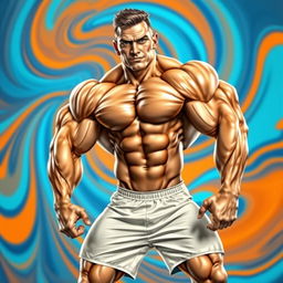 A digitally retouched image of a muscular man showcasing exaggerated muscles with a dynamic pose, emphasizing the size and definition of his biceps, chest, and legs