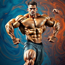 A digitally retouched image of a muscular man showcasing exaggerated muscles with a dynamic pose, emphasizing the size and definition of his biceps, chest, and legs