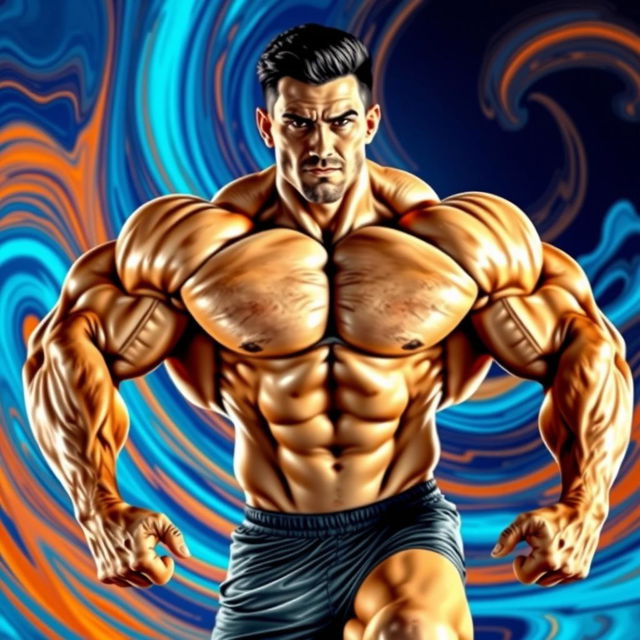 A digitally retouched image of a muscular man showcasing exaggerated muscles with a dynamic pose, emphasizing the size and definition of his biceps, chest, and legs