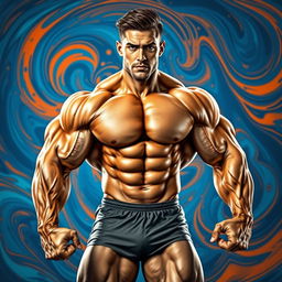 A digitally retouched image of a muscular man showcasing exaggerated muscles with a dynamic pose, emphasizing the size and definition of his biceps, chest, and legs