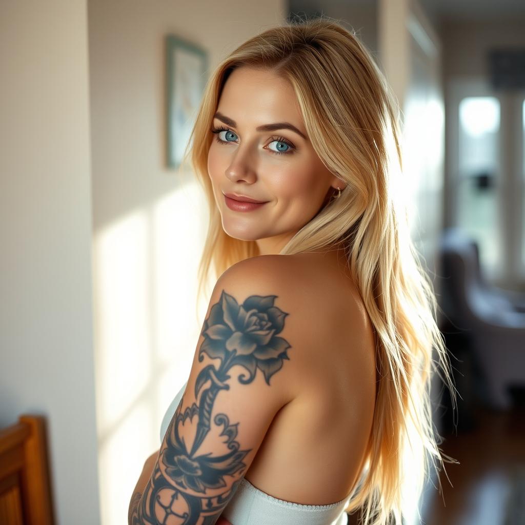 A blonde woman with a striking tattoo covering her entire left arm stands confidently and poses for the camera against a neutral wall in her cozy home