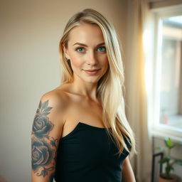 A blonde woman with a striking tattoo covering her entire left arm stands confidently and poses for the camera against a neutral wall in her cozy home