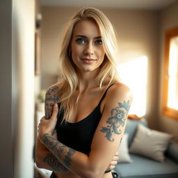 A blonde woman with a striking tattoo covering her entire left arm stands confidently and poses for the camera against a neutral wall in her cozy home