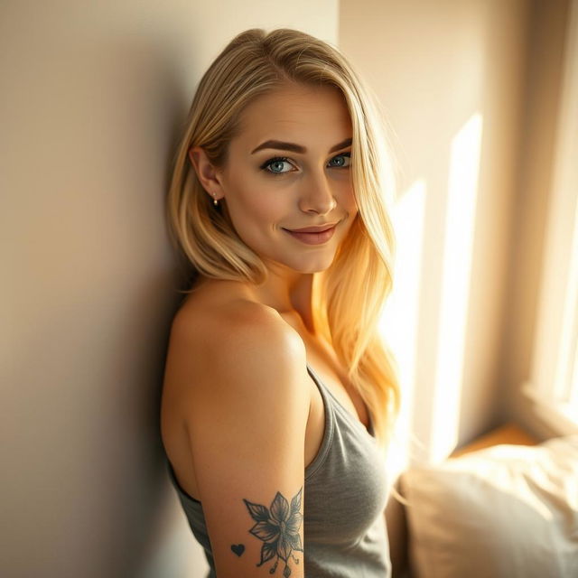 A blonde woman with a striking tattoo covering her entire left arm stands confidently and poses for the camera against a neutral wall in her cozy home