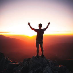 A young man standing triumphantly on the top of a majestic mountain, gazing at the vast horizon bathed in warm sunset colors