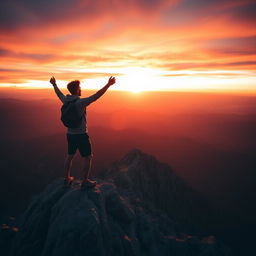 A young man standing triumphantly on the top of a majestic mountain, gazing at the vast horizon bathed in warm sunset colors