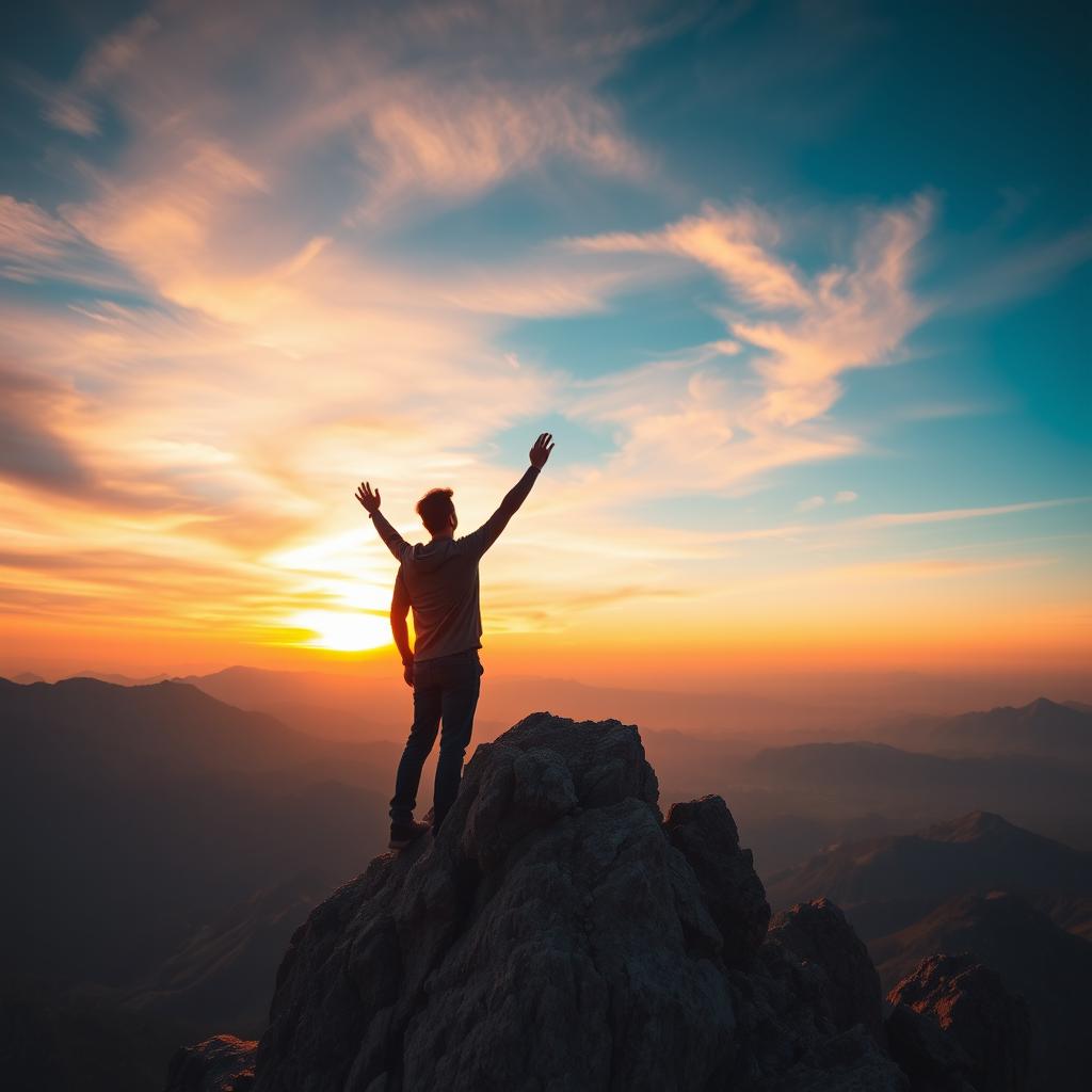 A young man standing triumphantly on the top of a majestic mountain, gazing at the vast horizon bathed in warm sunset colors