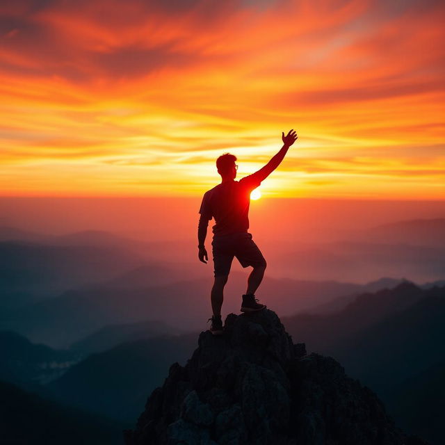 A young man standing triumphantly on the top of a majestic mountain, gazing at the vast horizon bathed in warm sunset colors